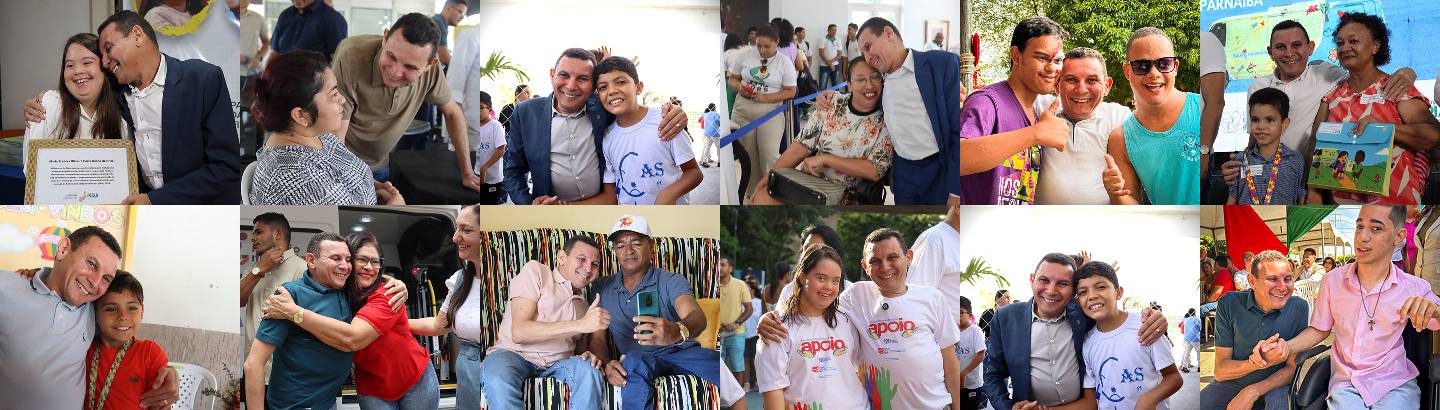 Mosaico de fotos de Mauro Eduardo ao lado de apoiadores, famílias e pessoas com deficiência